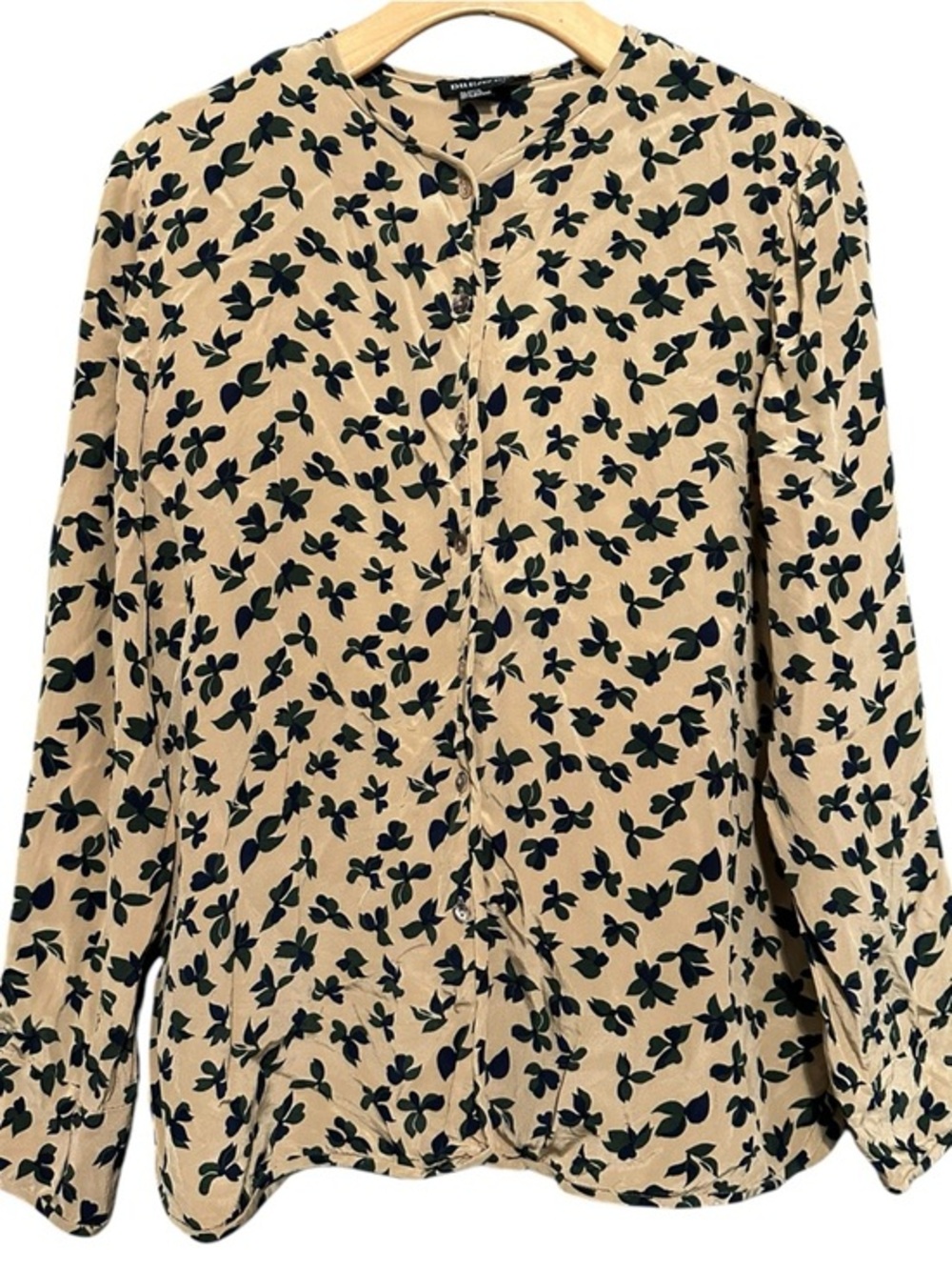 Due Per Dur Womens Size 10 Beige Tan Black Floral Print Silk Button Front Blouse
